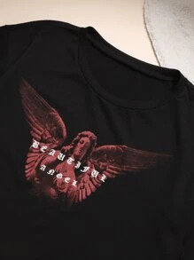 ROMWE Goth Camiseta corta con letra escultura con estampado - Negro - Ver 6