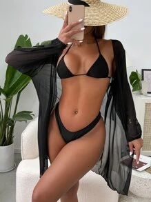 Kimono con parte delantera abierta manga larga - Negro - Ver 3