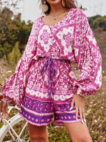 花卉和幾何圖案燈籠袖腰帶連身短褲 - 彩色 - 查看 1