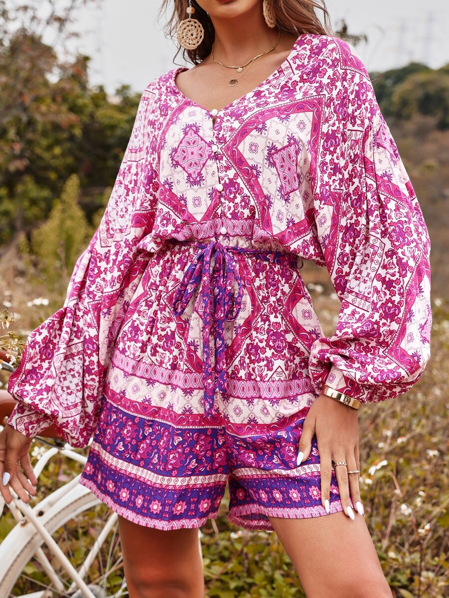 花卉和幾何圖案燈籠袖腰帶連身短褲 - 彩色 - 查看 1