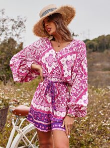 花卉和幾何圖案燈籠袖腰帶連身短褲 - 彩色 - 查看 5