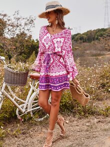 花卉和幾何圖案燈籠袖腰帶連身短褲 - 彩色 - 查看 6