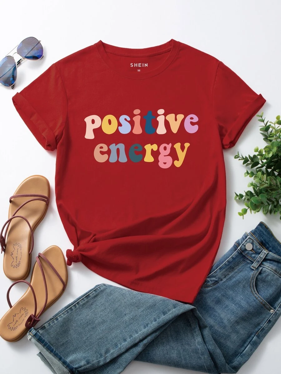 SHEIN Unity Letter Graphic Round Neck Tee - Red - View 1