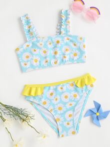 Young Girl Daisy Print Ruffle Trim Bikini Set Summer Beach - Multicolor - View 1