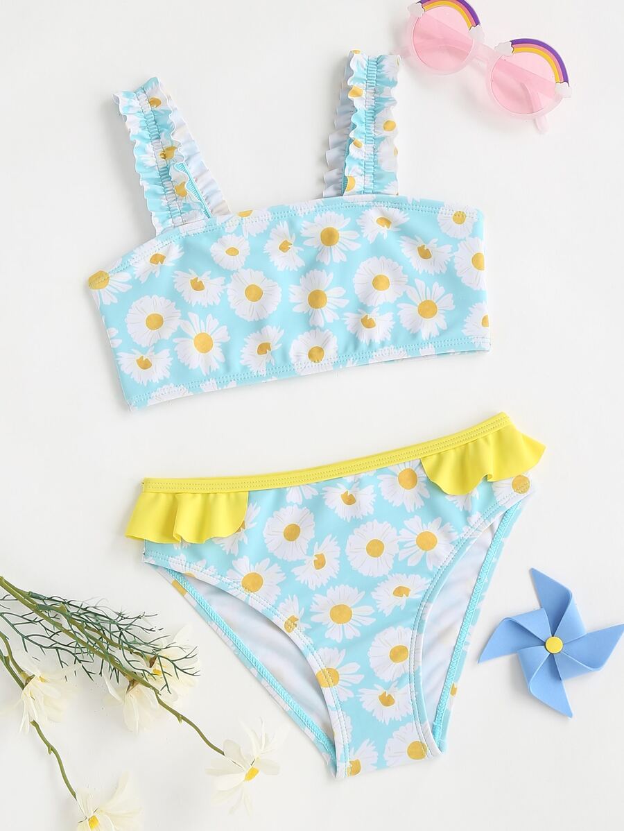 Young Girl Daisy Print Ruffle Trim Bikini Set Summer Beach - Multicolor - View 1