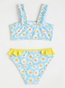 Young Girl Daisy Print Ruffle Trim Bikini Set Summer Beach - Multicolor - View 2