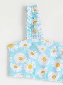 Young Girl Daisy Print Ruffle Trim Bikini Set Summer Beach - Multicolor - View 3