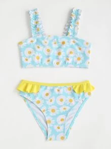 Young Girl Daisy Print Ruffle Trim Bikini Set Summer Beach - Multicolor - View 5