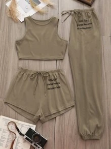 Bộ đồ giản dị Nữ Thắt nút Slogan Giải trí - Màu Khaki - Xem 1