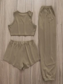Bộ đồ giản dị Nữ Thắt nút Slogan Giải trí - Màu Khaki - Xem 2