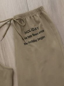 Bộ đồ giản dị Nữ Thắt nút Slogan Giải trí - Màu Khaki - Xem 3