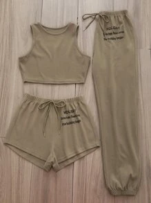 Bộ đồ giản dị Nữ Thắt nút Slogan Giải trí - Màu Khaki - Xem 4