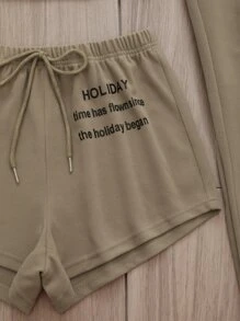 Bộ đồ giản dị Nữ Thắt nút Slogan Giải trí - Màu Khaki - Xem 5