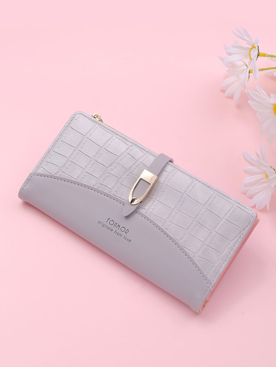 Crocodile Embossed Snap Button Long Wallet - Grey - View 1