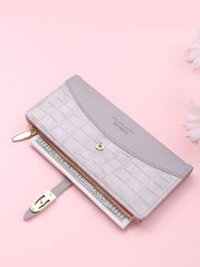 Crocodile Embossed Snap Button Long Wallet - Grey - View 2