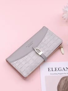 Crocodile Embossed Snap Button Long Wallet - Grey - View 4