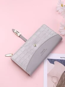 Crocodile Embossed Snap Button Long Wallet - Grey - View 5