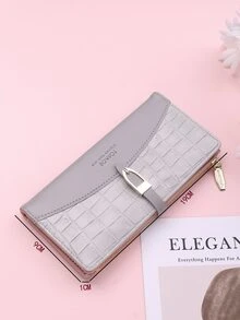 Crocodile Embossed Snap Button Long Wallet - Grey - View 6