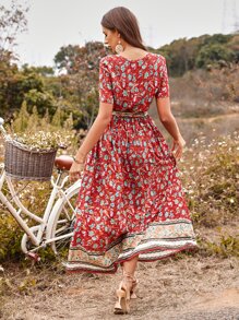 Đầm Thắt lưng Nút Hoa Tất cả trên in Boho - Màu Đỏ Sâu - Xem 2