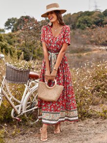 Đầm Thắt lưng Nút Hoa Tất cả trên in Boho - Màu Đỏ Sâu - Xem 3