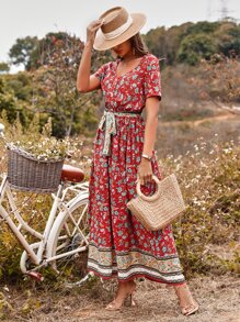 Đầm Thắt lưng Nút Hoa Tất cả trên in Boho - Màu Đỏ Sâu - Xem 4