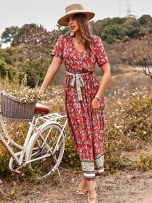 Đầm Thắt lưng Nút Hoa Tất cả trên in Boho - Màu Đỏ Sâu - Xem 6