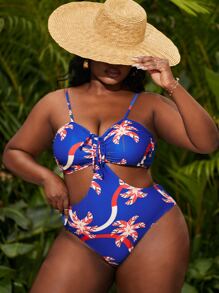 Plus Random Print Cut-out One Piece Swimsuit - Multicolor - View 1
