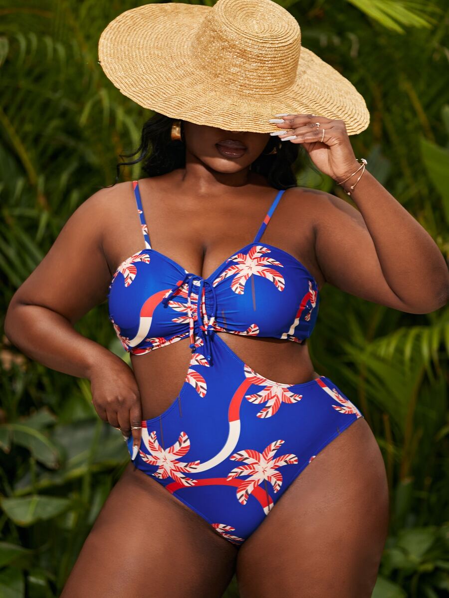 Plus Random Print Cut-out One Piece Swimsuit - Multicolor - View 1