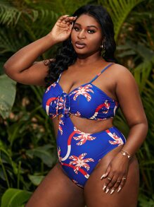 Plus Random Print Cut-out One Piece Swimsuit - Multicolor - View 3