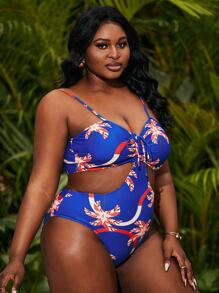 Plus Random Print Cut-out One Piece Swimsuit - Multicolor - View 4