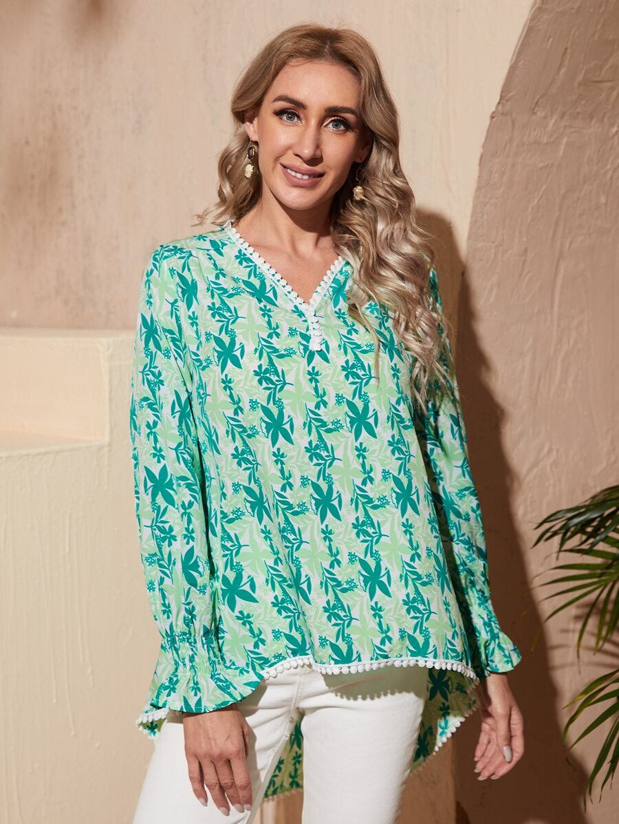 EMERY ROSE Áo sơ mi nữ Tương phản ren Cao thấp Hoa Tất cả trên in Boho - Nhiều màu - Xem 1