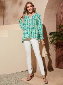 EMERY ROSE Áo sơ mi nữ Tương phản ren Cao thấp Hoa Tất cả trên in Boho - Nhiều màu - Xem 5