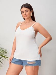 Plus Solid Contrast Lace Cami Top - White - View 5