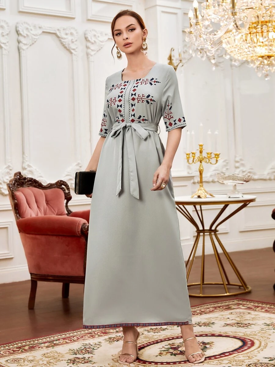 SHEIN Geo Print Square Neck Belted Kaftan - Light Grey - View 1