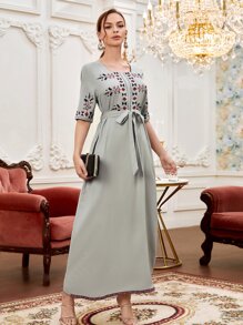 SHEIN Geo Print Square Neck Belted Kaftan - Light Grey - View 3