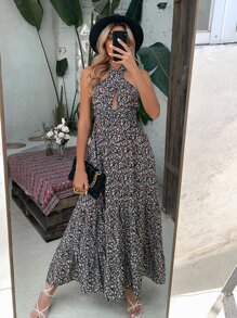 Ditsy Floral Print Cross Wrap Tie Back Ruffle Hem Halter Dress - Multicolor - View 3