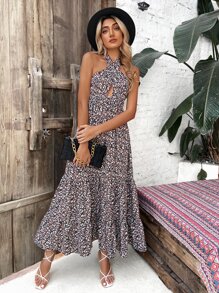 Ditsy Floral Print Cross Wrap Tie Back Ruffle Hem Halter Dress - Multicolor - View 4