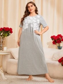 SHEIN Unity Plus Guipure Lace Insert Night Dress - Light Grey - View 1