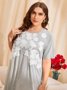 SHEIN Unity Plus Guipure Lace Insert Night Dress - Light Grey - View 4