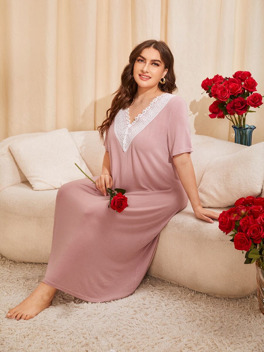 SHEIN Unity Plus Contrast Guipure Lace Fake Button Nightdress - Dusty Pink - View 1