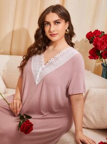 SHEIN Unity Plus Contrast Guipure Lace Fake Button Nightdress - Dusty Pink - View 4
