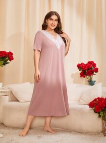SHEIN Unity Plus Contrast Guipure Lace Fake Button Nightdress - Dusty Pink - View 5