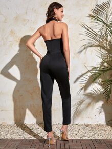 SHEIN Jumpsuit halter en contraste con encaje floral de cuello alto de espalda abierta - Negro - Ver 2