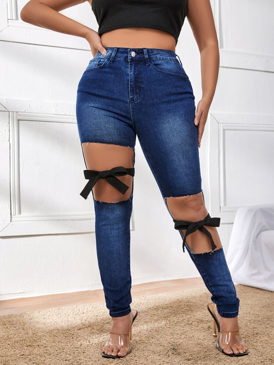 SHEIN Quần jean nữ Nút Cắt ra Túi Dây kéo Nơ trước màu trơn - Rửa tối - Xem 1