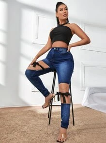 SHEIN Quần jean nữ Nút Cắt ra Túi Dây kéo Nơ trước màu trơn - Rửa tối - Xem 5