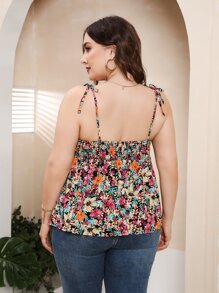 SHEIN Unity Plus Floral Print Shirred Tie Shoulder Cami Top - Multicolor - View 2