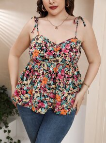 SHEIN Unity Plus Floral Print Shirred Tie Shoulder Cami Top - Multicolor - View 5