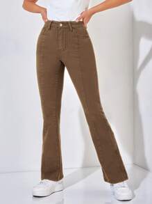 SHEIN PETITE Quần jean nữ Nút Túi Dây kéo màu trơn - Cà phê nâu - Xem 1