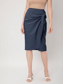 MOTF PREMIUM VISCOSE WRAP KNOTTED SKIRT - Navy Blue - View 5