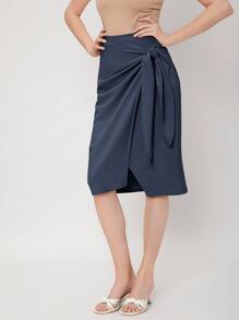 MOTF PREMIUM VISCOSE WRAP KNOTTED SKIRT - Navy Blue - View 8